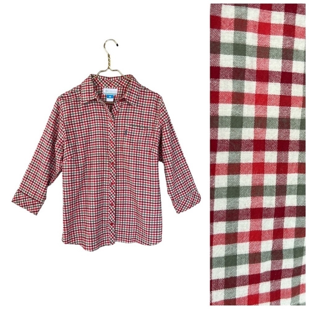 Columbia Plaid Button Down Shirt Crinkle Cotton 3/4 Sleeve L